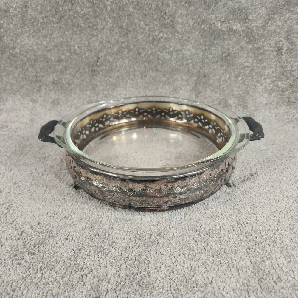 Vintage Silver Plate Pierced Pyrex Casserole Dish Holder with Glass‎ Insert